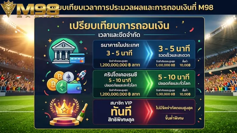 ตารางเปรียบเทียบ ระยะเวลาและวงเงินในการถอนเงินที่ M98